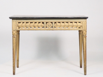 Vente aux enchères Console Louis XVI en bois laqué bicolore gris et blanc, ceinture ajour