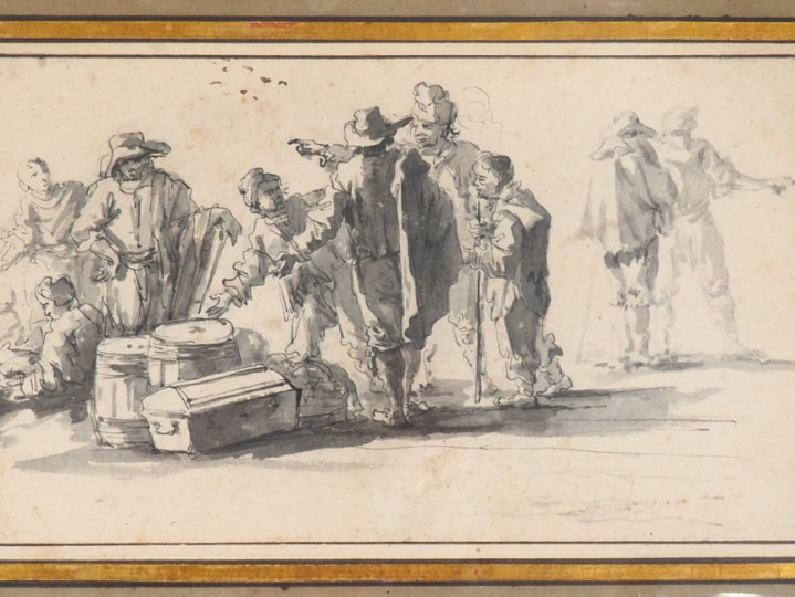 Ecole italienne XVIIème dans le goût de CERQUOZZI. "Personnages sur un