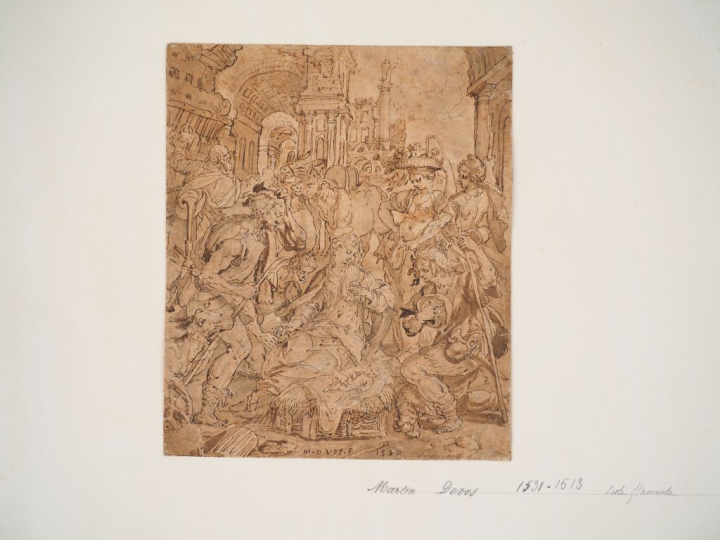 Ecole flamande XVIIème. "L'adoration des mages". Dessin, porte une sig