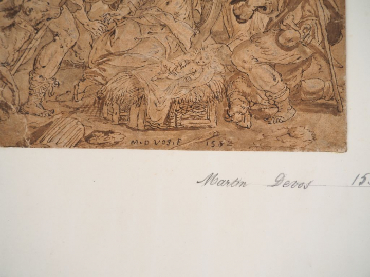 Ecole flamande XVIIème. "L'adoration des mages". Dessin, porte une sig