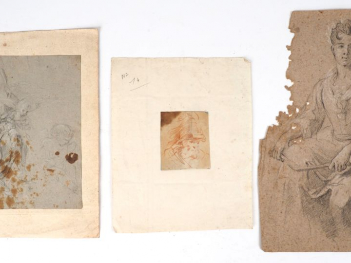 3 dessins anciens, "personnage casqué, "portrait de jeune fille" et "V