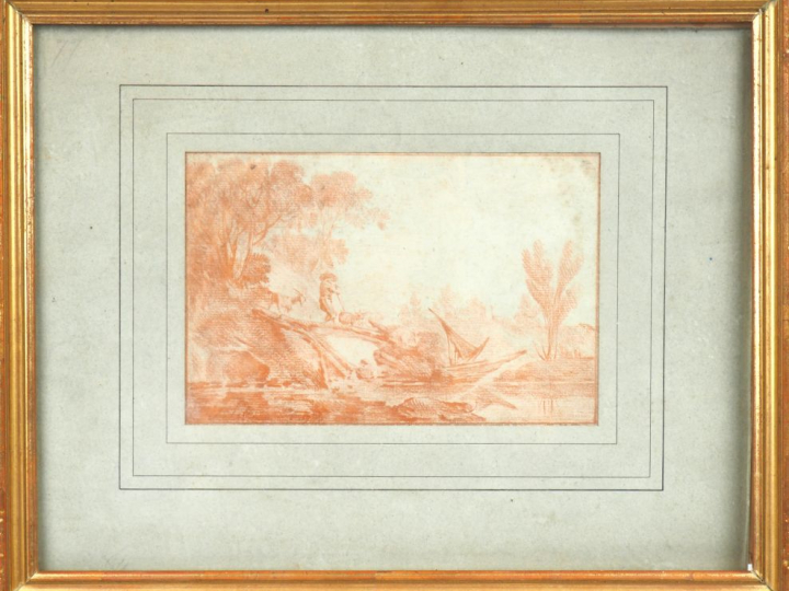 Ecole française XVIIIème. "paysan berger et ses chèvres" Dessin à la s