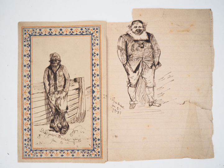 Ecole française XIXème. "Etudes de personnages". 2 dessins signés en b