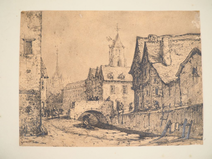 GAVET. "Vue de village animé". Dessin signé en bas à gauche et daté 18
