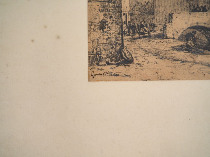 GAVET. "Vue de village animé". Dessin signé en bas à gauche et daté 18