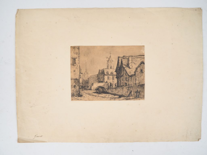 GAVET. "Vue de village animé". Dessin signé en bas à gauche et daté 18