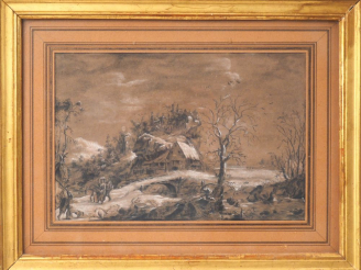 Vente aux enchères Ecole française XIXème. "Paysage d'hiver à la chaumière" Dessin au cra