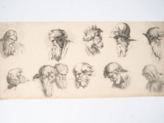 Vente aux enchères Ecole française XIXème. "Etude de têtes d'hommes". Dessin. Dim. 20 x 4