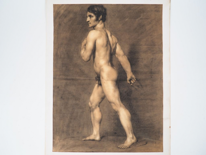 Ecole française XIXème. "Nu en pied". Dessin. Dim. 61,5 x 45 cm. (peti