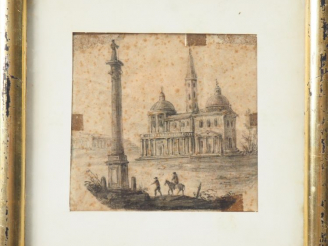 Vente aux enchères Ecole françaie XIXème. "Paysage animé à l'antique". Dessin. Dim, 10,5 