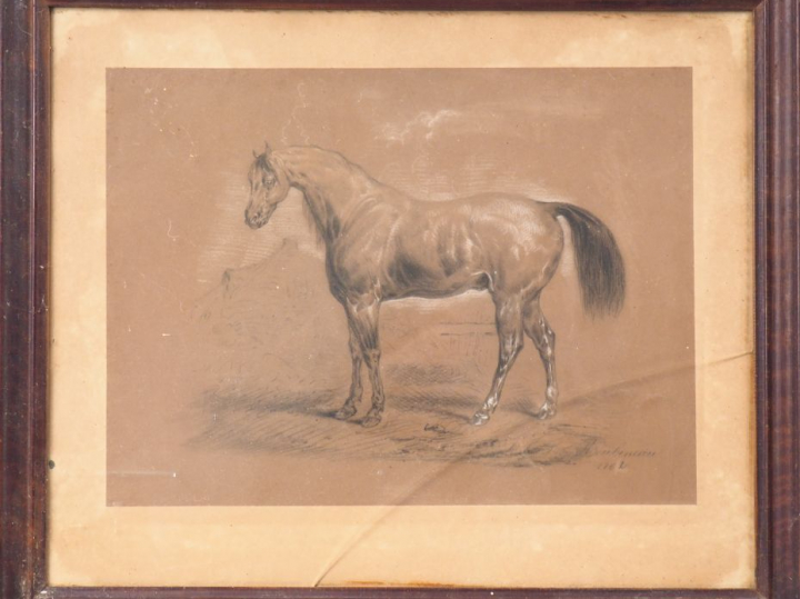 ROUBINEAU. "La jument". Dessin au crayon rehaussé de craie signé en ba