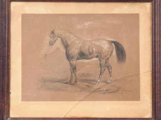 Vente aux enchères ROUBINEAU. "La jument". Dessin au crayon rehaussé de craie signé en ba