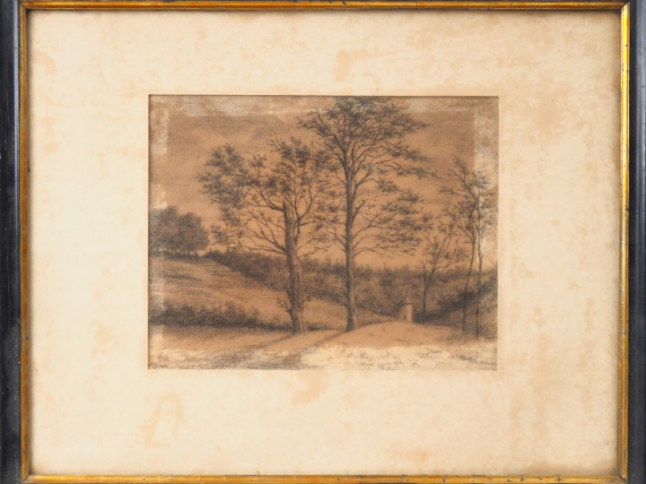 Ecole française XIXème. "Paysage de Floirac". Dessin au fusain signé e