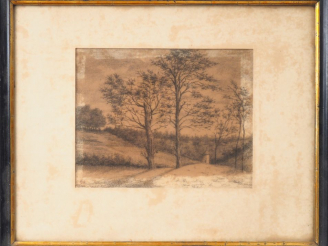 Vente aux enchères Ecole française XIXème. "Paysage de Floirac". Dessin au fusain signé e