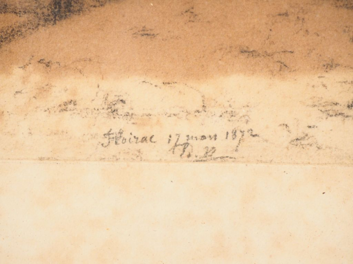 Ecole française XIXème. "Paysage de Floirac". Dessin au fusain signé e