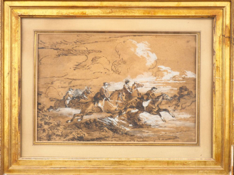 Vente aux enchères Ecole française XIXème. "La chasse à courre". Dessin rehaussé. Dim.22 