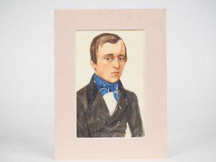 Ecole française XIXème. "Portrait de jeune homme au foulard". Aquarell