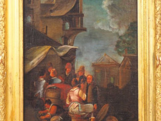 Vente aux enchères Ecole du Nord  XVIIIème. "Réunion de paysans". Huile sur toile. Dim. 5