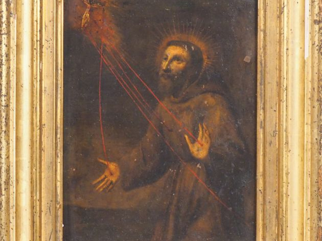 Ecole française XVIIIème. "Apparition du Christ à St François". Huile 
