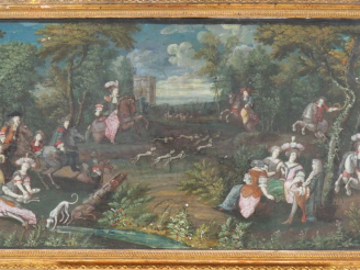 Vente aux enchères Projet d'éventail XVIIIème, "partie de chasse".   Huile sur papier. Di