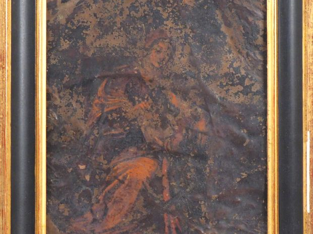 Ecole française XVIIème. "Jeune mère et son enfant". Huile sur cuivre.