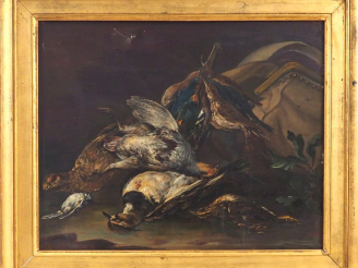 Vente aux enchères Ecole française XIXème. "Nature morte au gibier". Huile sur toile. Por