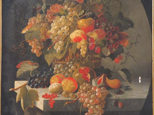 Ecole XIXème signée P. LACROIX. "Nature morte aux fruits sur un entabl