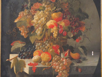 Vente aux enchères Ecole XIXème signée P. LACROIX. "Nature morte aux fruits sur un entabl