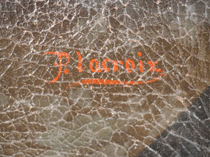 Ecole XIXème signée P. LACROIX. "Nature morte aux fruits sur un entabl