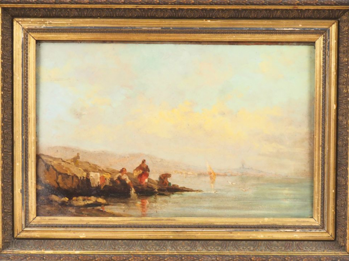 Ecole française  XIXème. "Lavandières au bord de la mer". Huile sur ca