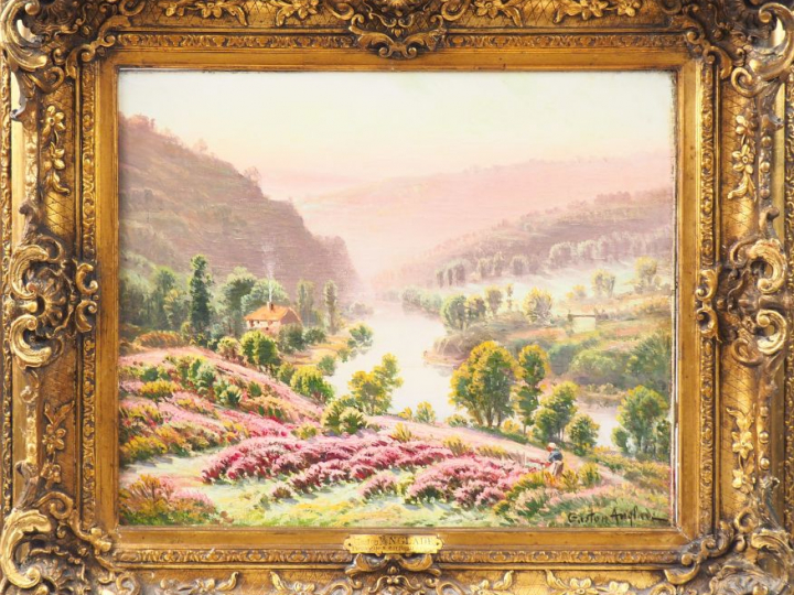Gaston ANGLADE. "Paysage aux bruyères". Huile sur toile signée en bas 