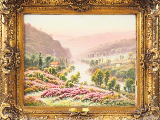 Vente aux enchères Gaston ANGLADE. "Paysage aux bruyères". Huile sur toile signée en bas 