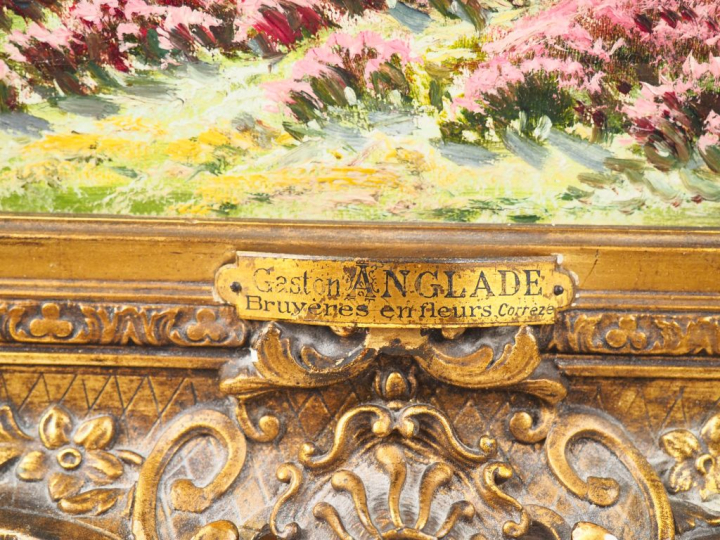 Gaston ANGLADE. "Paysage aux bruyères". Huile sur toile signée en bas 