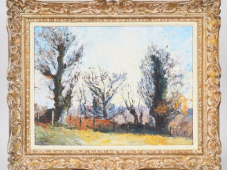 Vente aux enchères BAHEUX. "Paysage d'automne". Huile sur isorel signée en bas à gauche. 