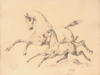 Vente aux enchères BARRIETY. "Jument et sa pouliche". Dessin signé en bas à droite et dat