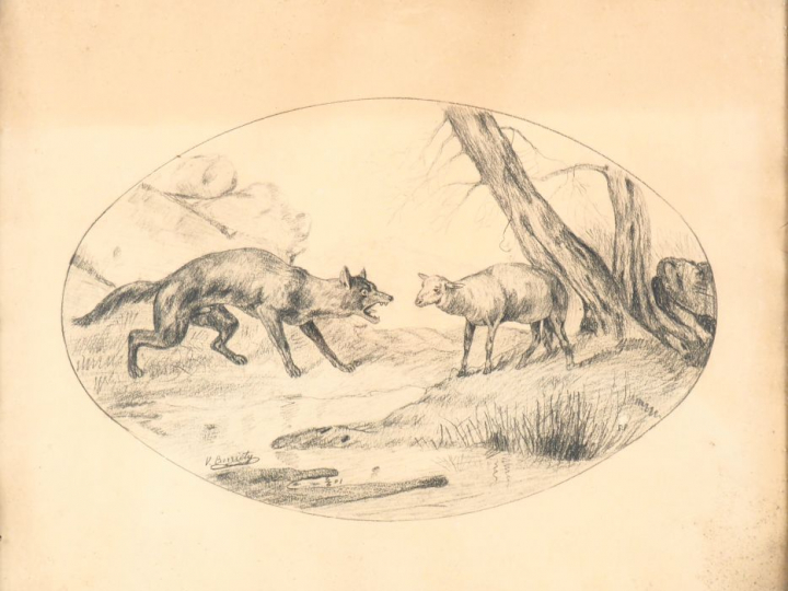 BARRIETY. "Le loup et l'agneau". Dessin signé en bas à gauche. Dim. (à