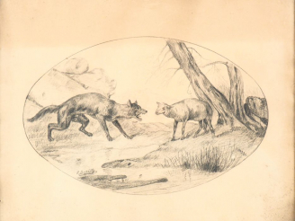 Vente aux enchères BARRIETY. "Le loup et l'agneau". Dessin signé en bas à gauche. Dim. (à