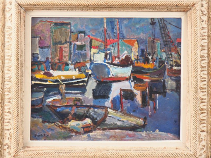 André BLONDEL. "Le port". Huile sur carton signée en bas à gauche et d