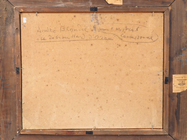 André BLONDEL. "Le port". Huile sur carton signée en bas à gauche et d