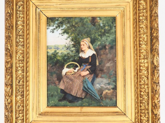 Vente aux enchères BONNIER. "la jeune paysanne". Huile sur panneau, signée au milieu à ga