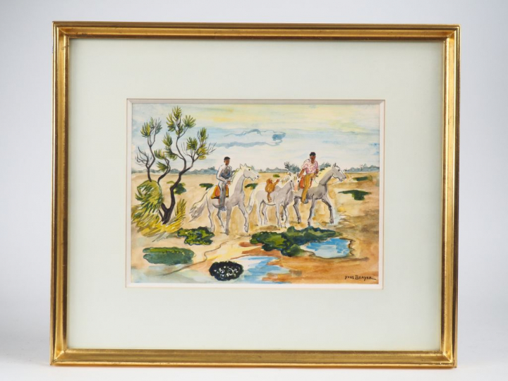 Yves BRAYER. "Guardians en Camargue". Aquarelle signée en bas à droite
