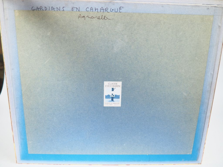 Yves BRAYER. "Guardians en Camargue". Aquarelle signée en bas à droite