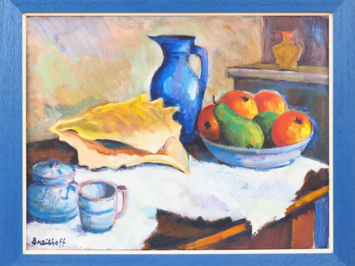 Michel BREITHOFF. "Nature morte aux fruits et au pichet bleu". Huile s