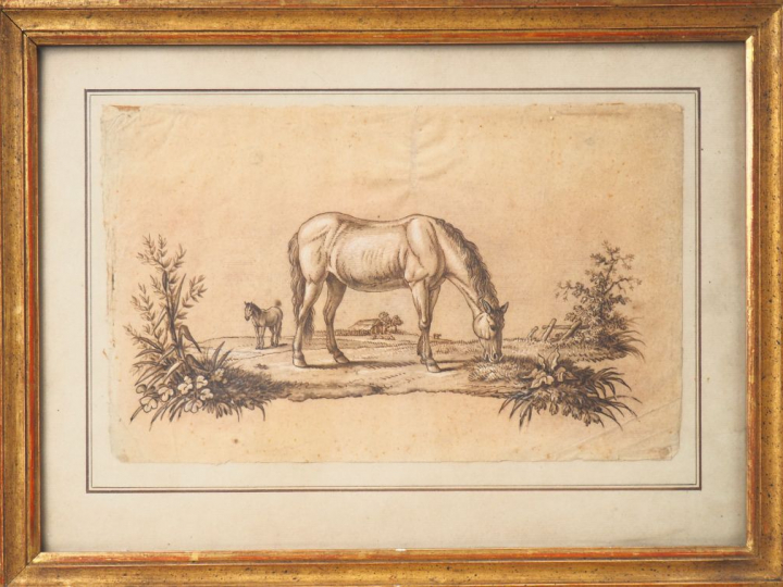 Ecole française fin XIXème - début XXème. "Jument et son poulain". Des
