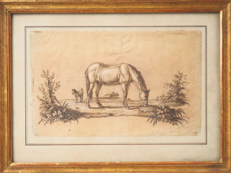 Vente aux enchères Ecole française fin XIXème - début XXème. "Jument et son poulain". Des