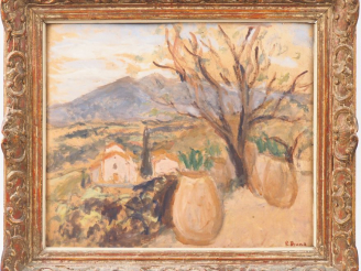 Vente aux enchères Pierre BRUNE. "Paysage des Pyrénées orientales". Huile sur carton sign