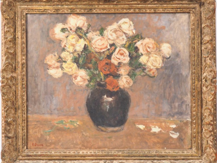 Pierre BRUNE. "Bouquet de roses". Huile sur toile, signée en bas à gau