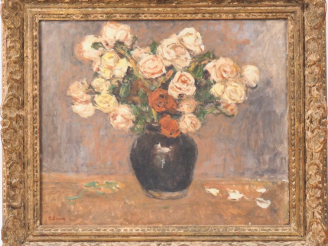 Vente aux enchères Pierre BRUNE. "Bouquet de roses". Huile sur toile, signée en bas à gau