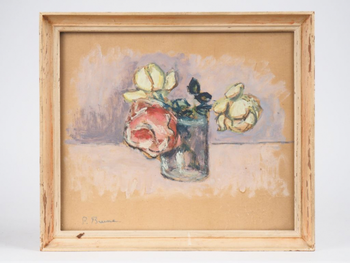 Pierre BRUNE. "Bouquet de fleurs dans un verre". Aquarelle et gouache 