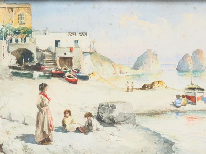 Michele CAPUANO. "Rivages animés près de Naples". Paire d'aquarelles, 
